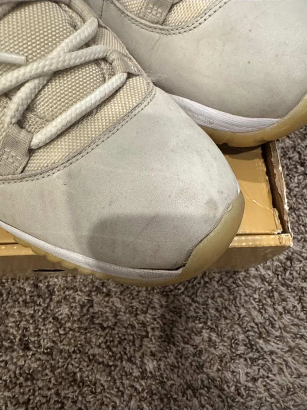 Jordan 11 Men's High-Top Sneakers in Off-White, Gum & Red Accents
